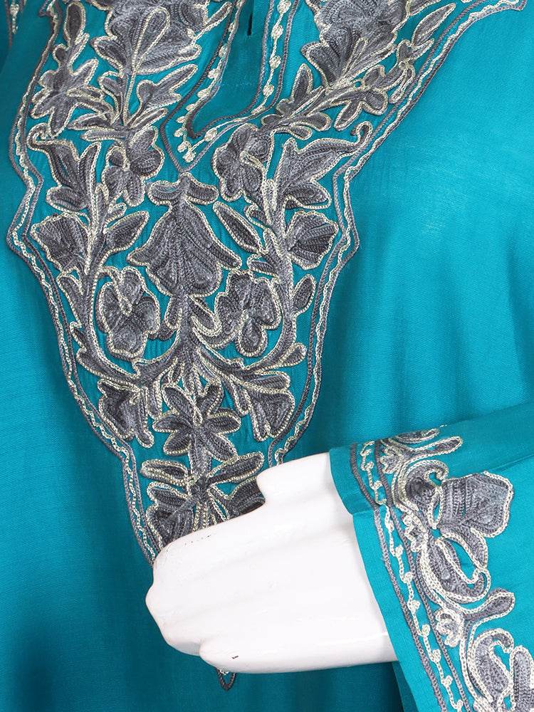 Zariya Kashmiri Zari & Aari Embroidered Pacific Blue Silk Coord Set - Shopping in Kashmir