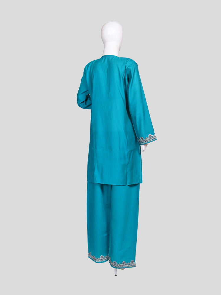Zariya Kashmiri Zari & Aari Embroidered Pacific Blue Silk Coord Set