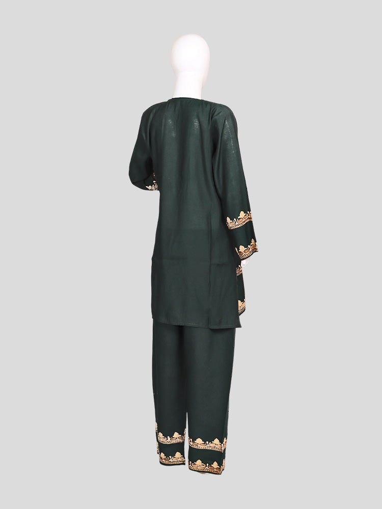 Zariya Kashmiri Aari Embroidered Deep Bottle Green Silk Coord Set