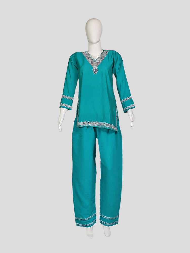 Zariya Teal Blue Silk Trio Edit - Kurti, Kaftan Set, & Coord Set