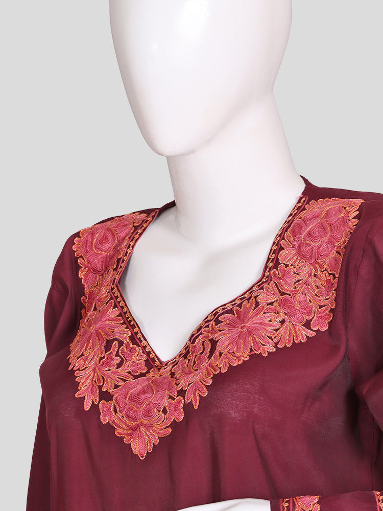 Zariya Kashmiri Aari Embroidered Deep Maroon Silk Coord Set