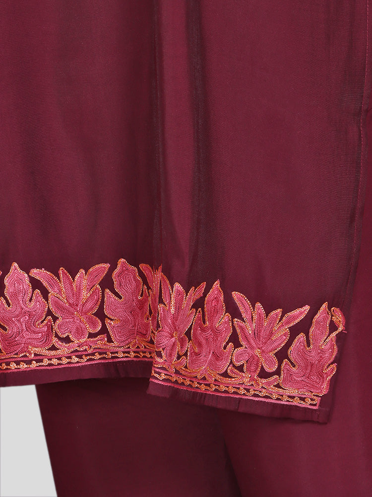 Zariya Kashmiri Aari Embroidered Deep Maroon Silk Coord Set