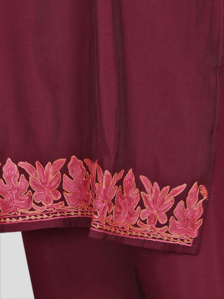 Zariya Kashmiri Aari Embroidered Deep Maroon Silk Coord Set - Shopping in Kashmir