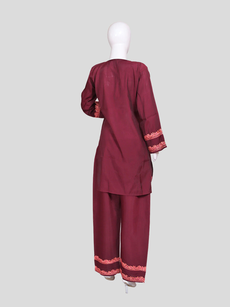 Zariya Kashmiri Aari Embroidered Deep Maroon Silk Coord Set