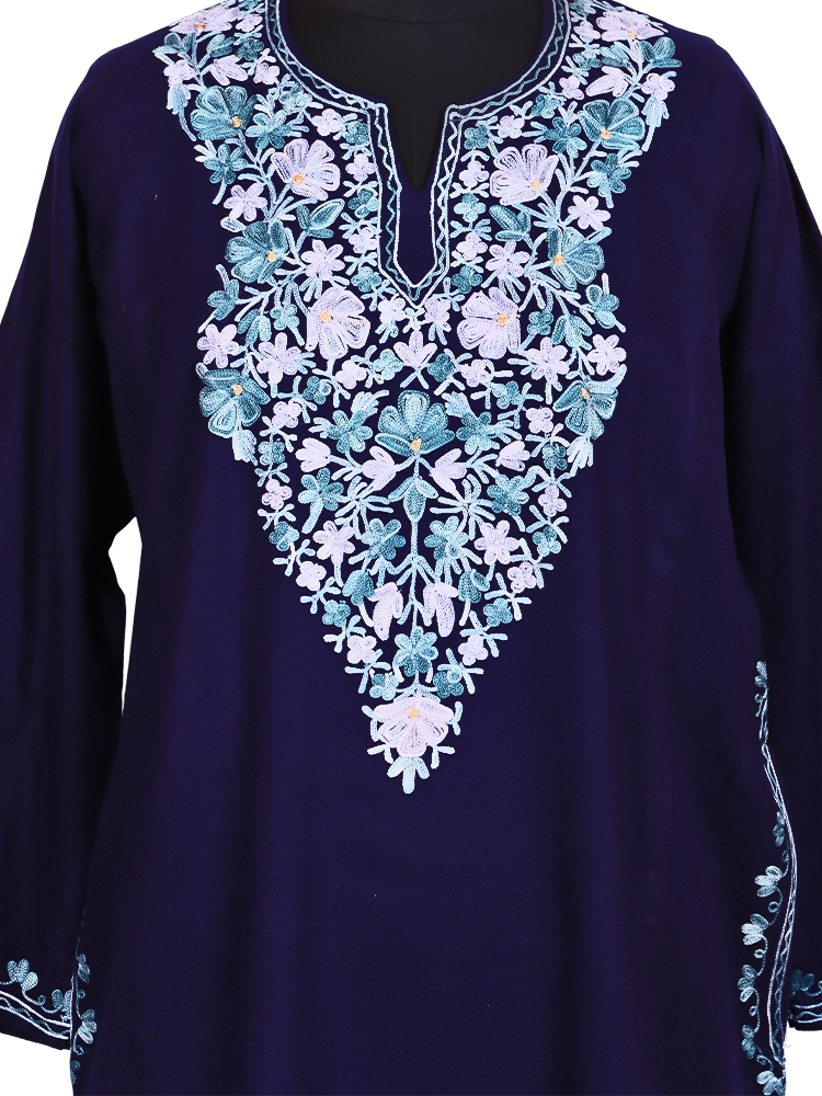 Navy Blue Cashmilon Wool Aari Embroidered Kashmiri Pheran - Pehnava