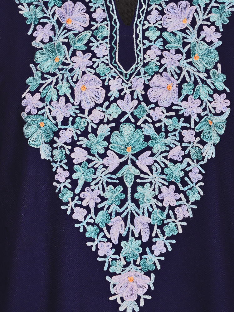 Navy Blue Cashmilon Wool Aari Embroidered Kashmiri Pheran - Pehnava