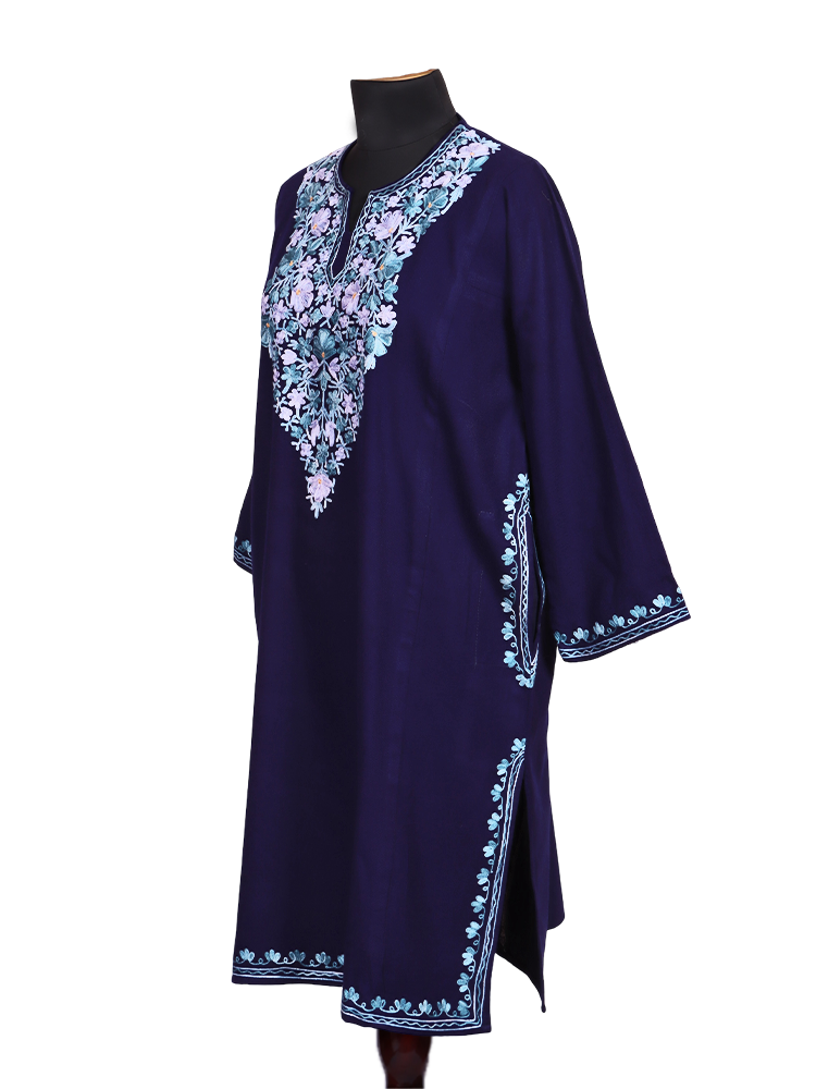 Navy Blue Cashmilon Wool Aari Embroidered Kashmiri Pheran - Pehnava