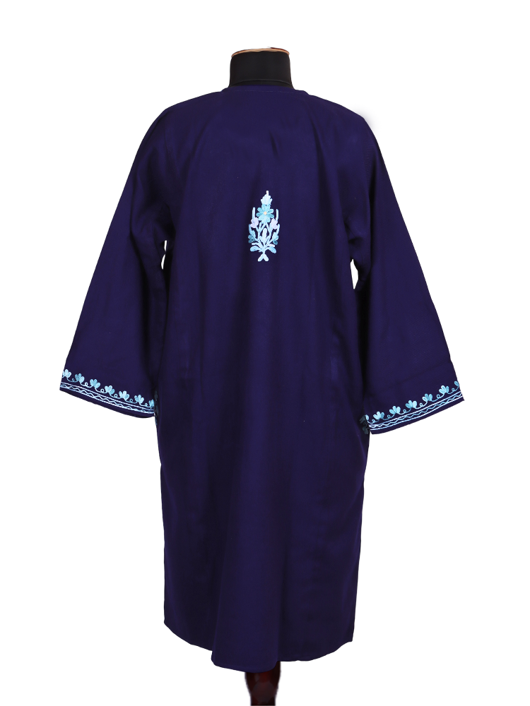 Navy Blue Cashmilon Wool Aari Embroidered Kashmiri Pheran - Pehnava