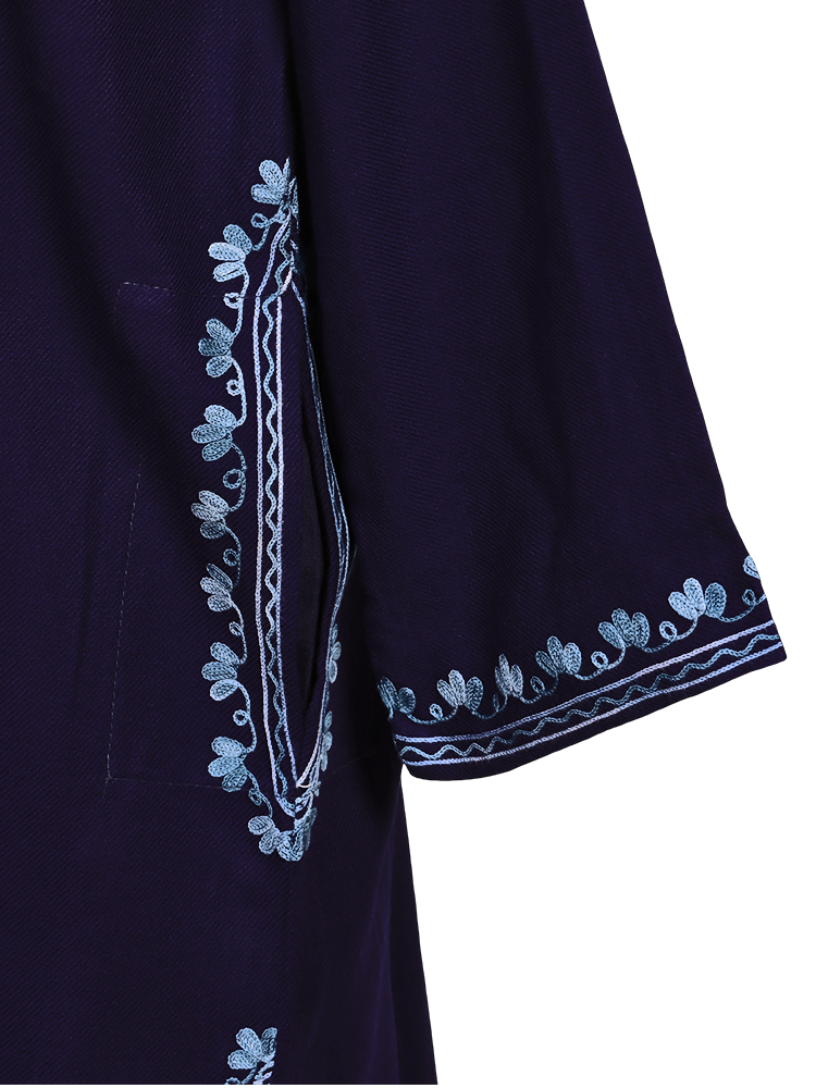 Navy Blue Cashmilon Wool Aari Embroidered Kashmiri Pheran - Pehnava