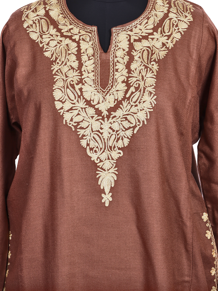 Dusky Brown Cashmilon Wool Zari Embroidered Kashmiri Pheran - Pehnava