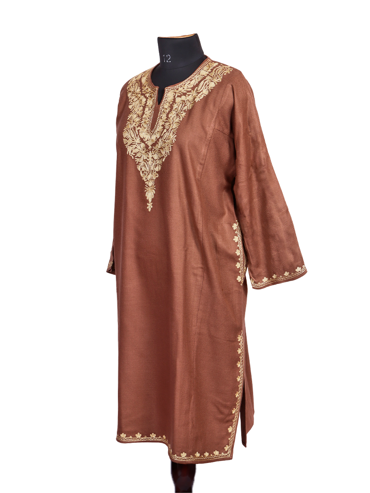 Dusky Brown Cashmilon Wool Zari Embroidered Kashmiri Pheran - Pehnava