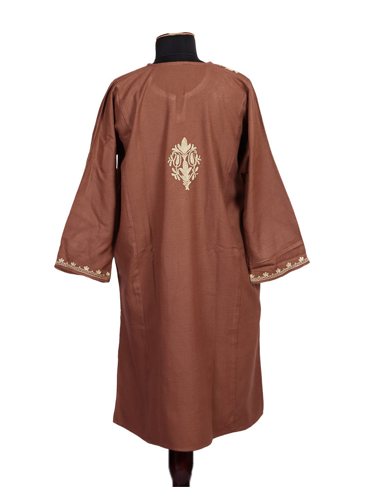 Dusky Brown Cashmilon Wool Zari Embroidered Kashmiri Pheran - Pehnava
