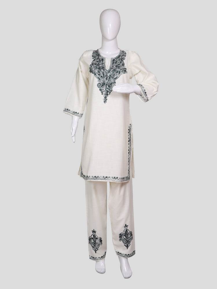 nAARI Kashmiri Aari Embroidered Creamish White Cotton Coord Set - Shopping in Kashmir