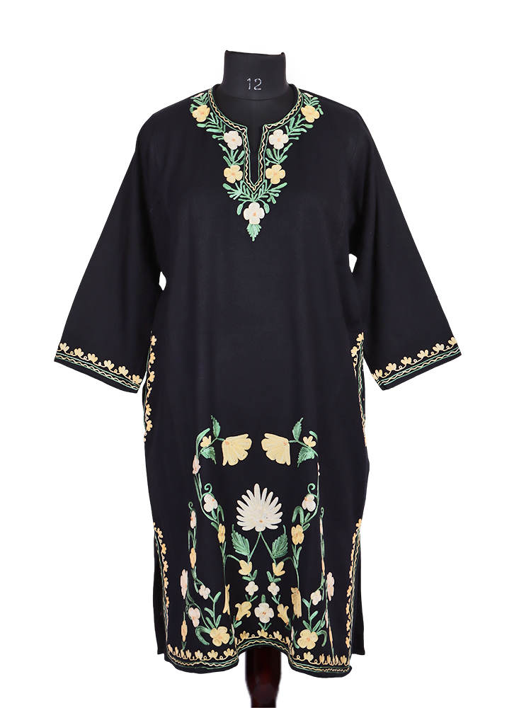 Black Cashmilon Wool Aari Embroidered Kashmiri Pheran - Pehnava