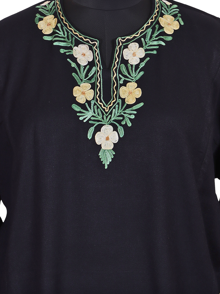 Black Cashmilon Wool Aari Embroidered Kashmiri Pheran - Pehnava