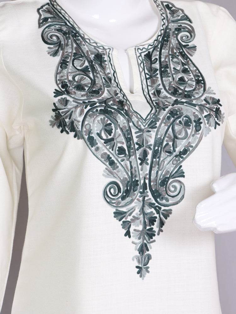 nAARI Kashmiri Aari Embroidered Creamish White Cotton Coord Set - Shopping in Kashmir
