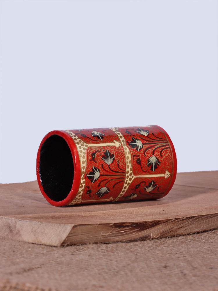 Red Paisley Design Papier Mache Pen Holder - Shopping in Kashmir