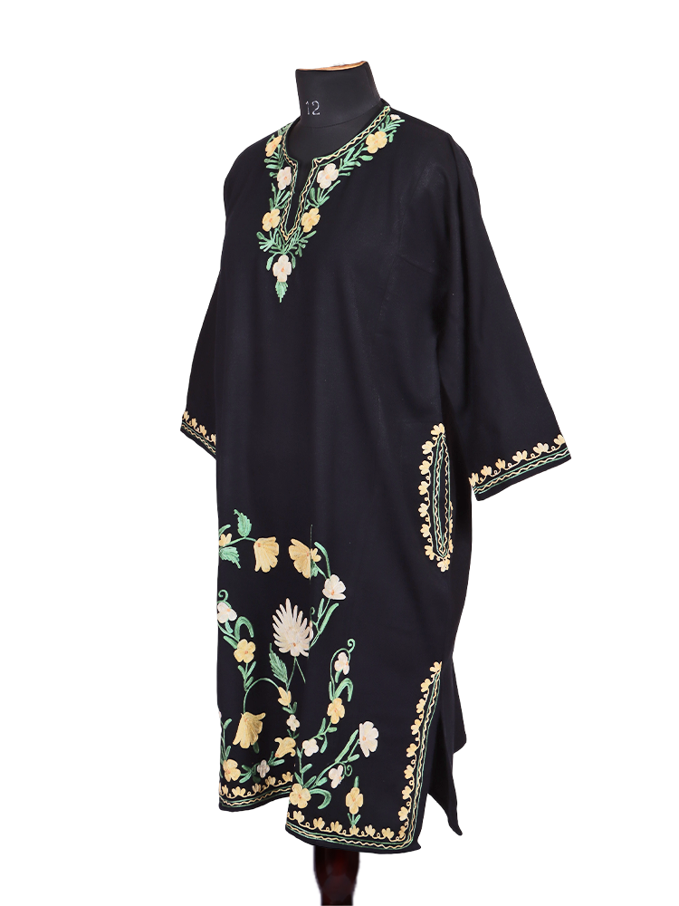 Black Cashmilon Wool Aari Embroidered Kashmiri Pheran - Pehnava