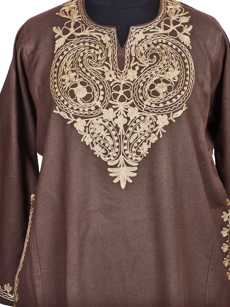 Taupe Brown Cashmilon Wool Zari Embroidered Kashmiri Pheran - Pehnava