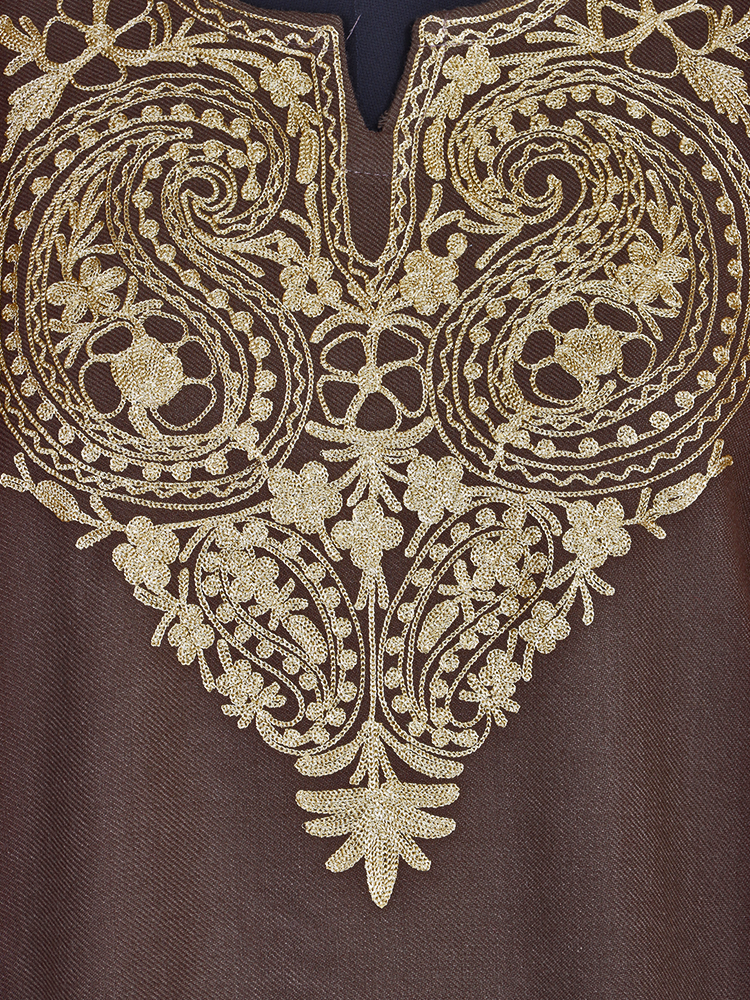 Taupe Brown Cashmilon Wool Zari Embroidered Kashmiri Pheran - Pehnava