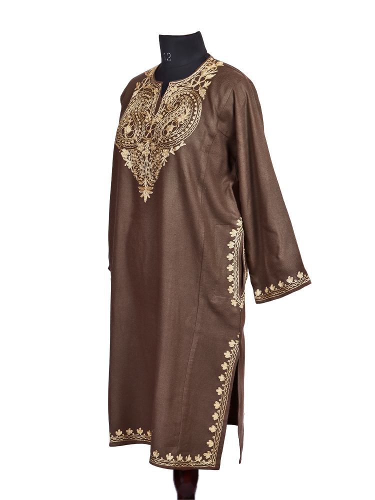 Taupe Brown Cashmilon Wool Zari Embroidered Kashmiri Pheran - Pehnava