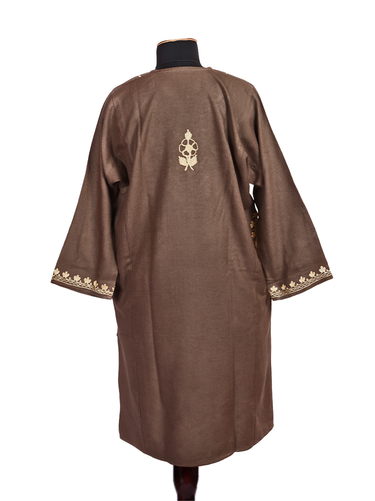 Taupe Brown Cashmilon Wool Zari Embroidered Kashmiri Pheran - Pehnava
