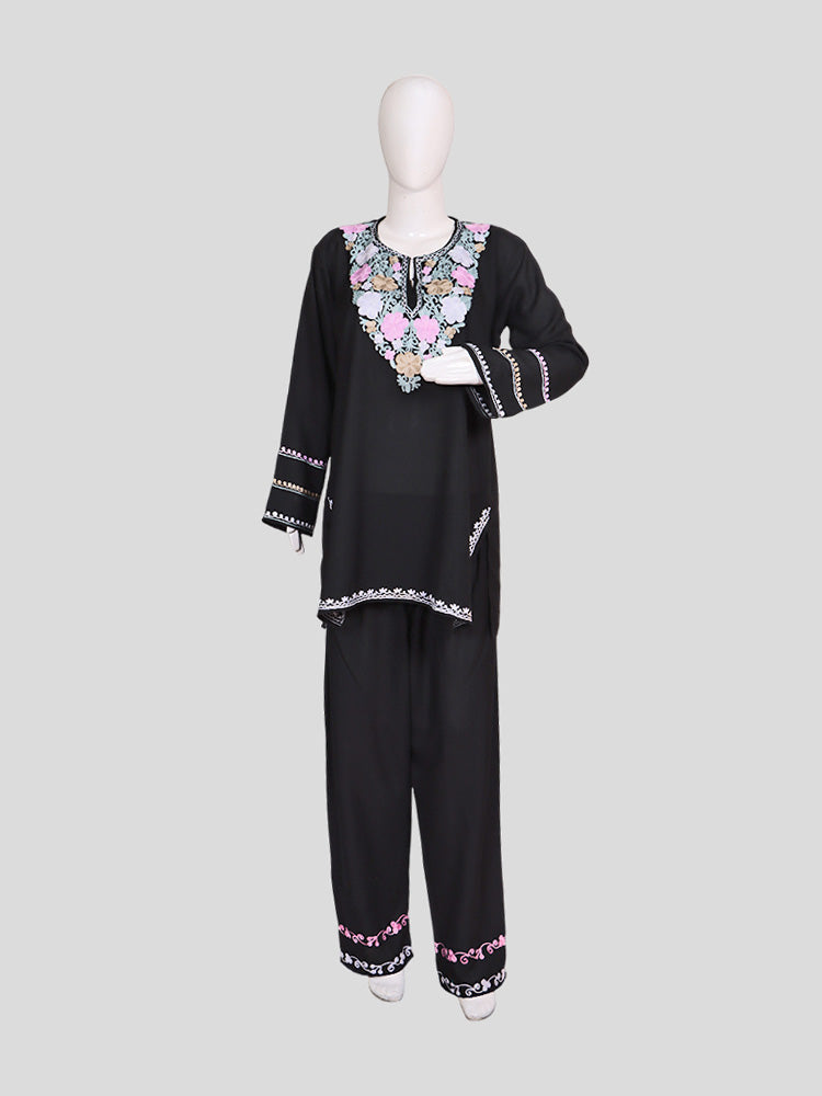 Zariya Kashmiri Aari Embroidered Deep Black Summer Cool Cotton Coord Set