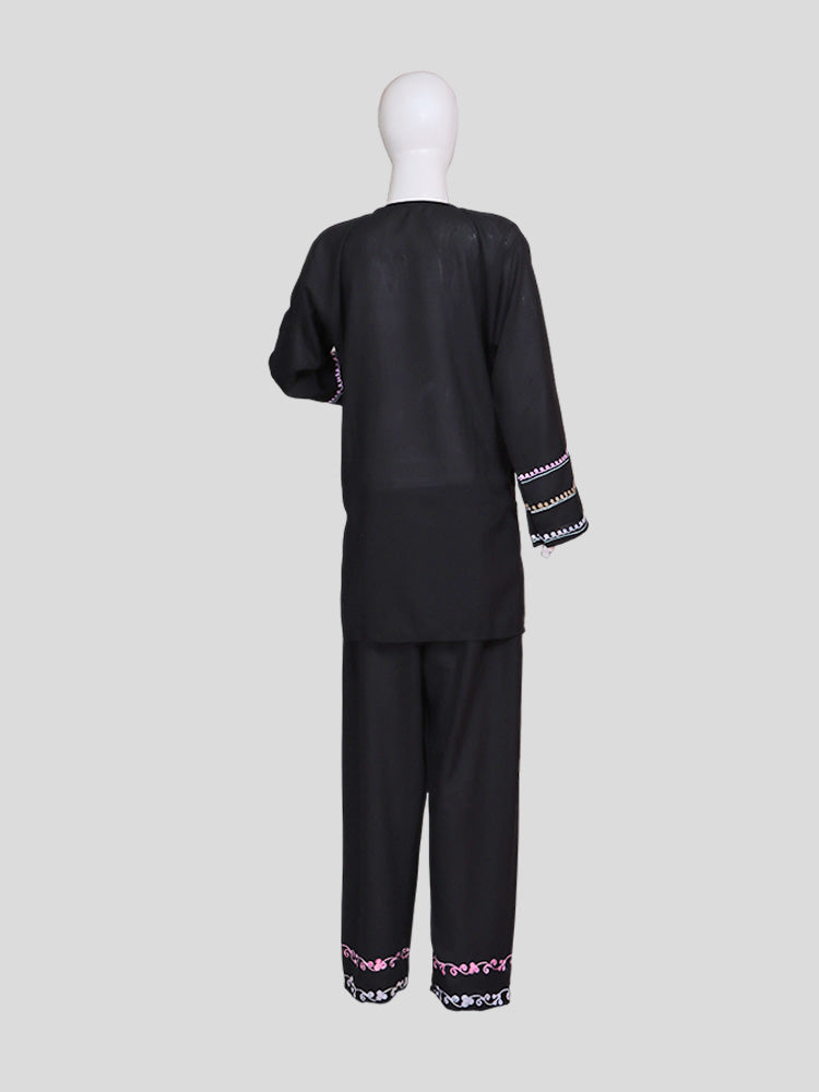 Zariya Kashmiri Aari Embroidered Deep Black Summer Cool Cotton Coord Set