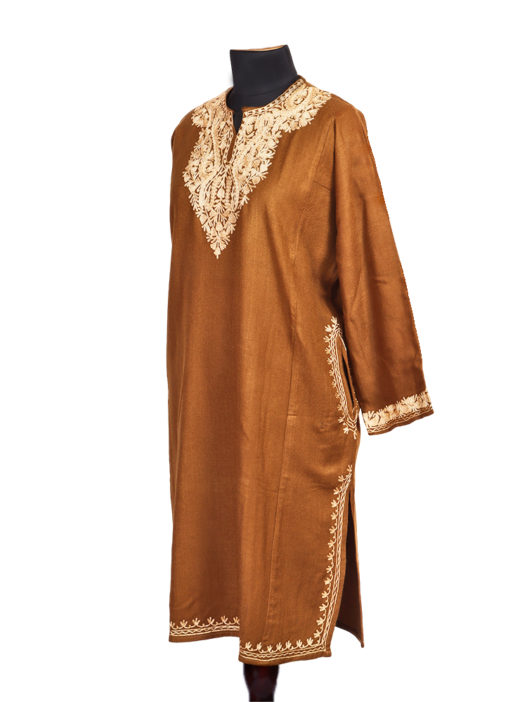 Camel Brown Cashmilon Wool Zari Embroidered Kashmiri Pheran - Pehnava