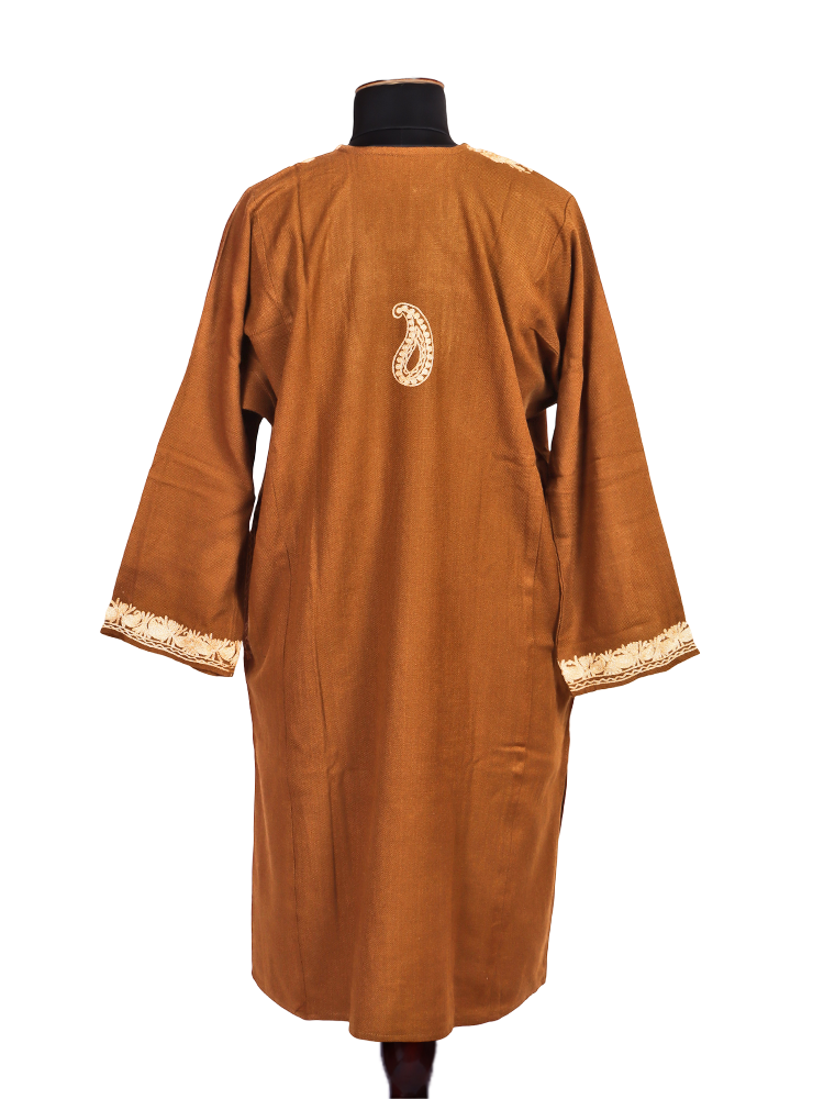 Camel Brown Cashmilon Wool Zari Embroidered Kashmiri Pheran - Pehnava