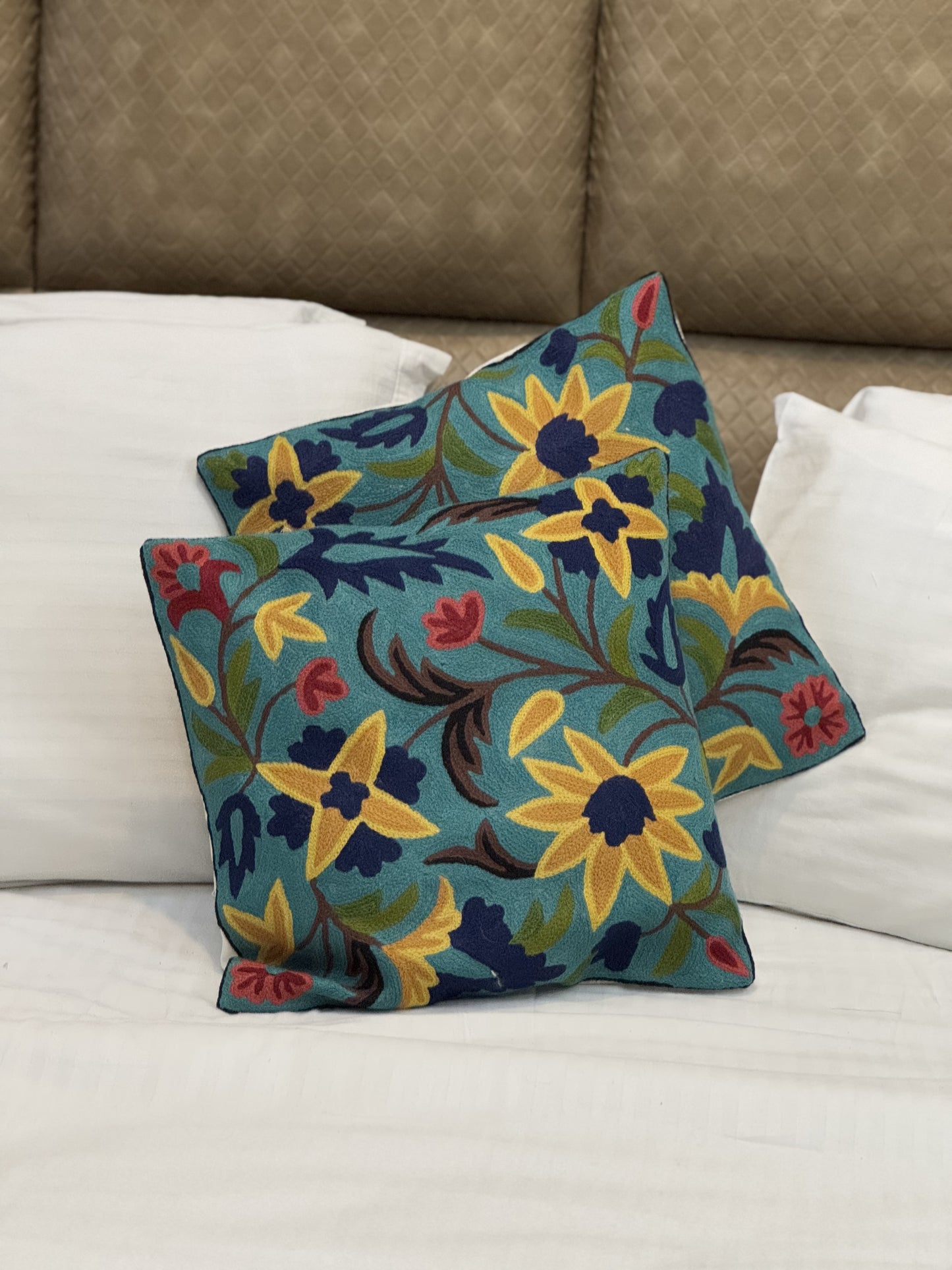 Sunflower Design Handmade Chainstitch Cushion Cover (Set of Two) - Shopping in Kashmir
