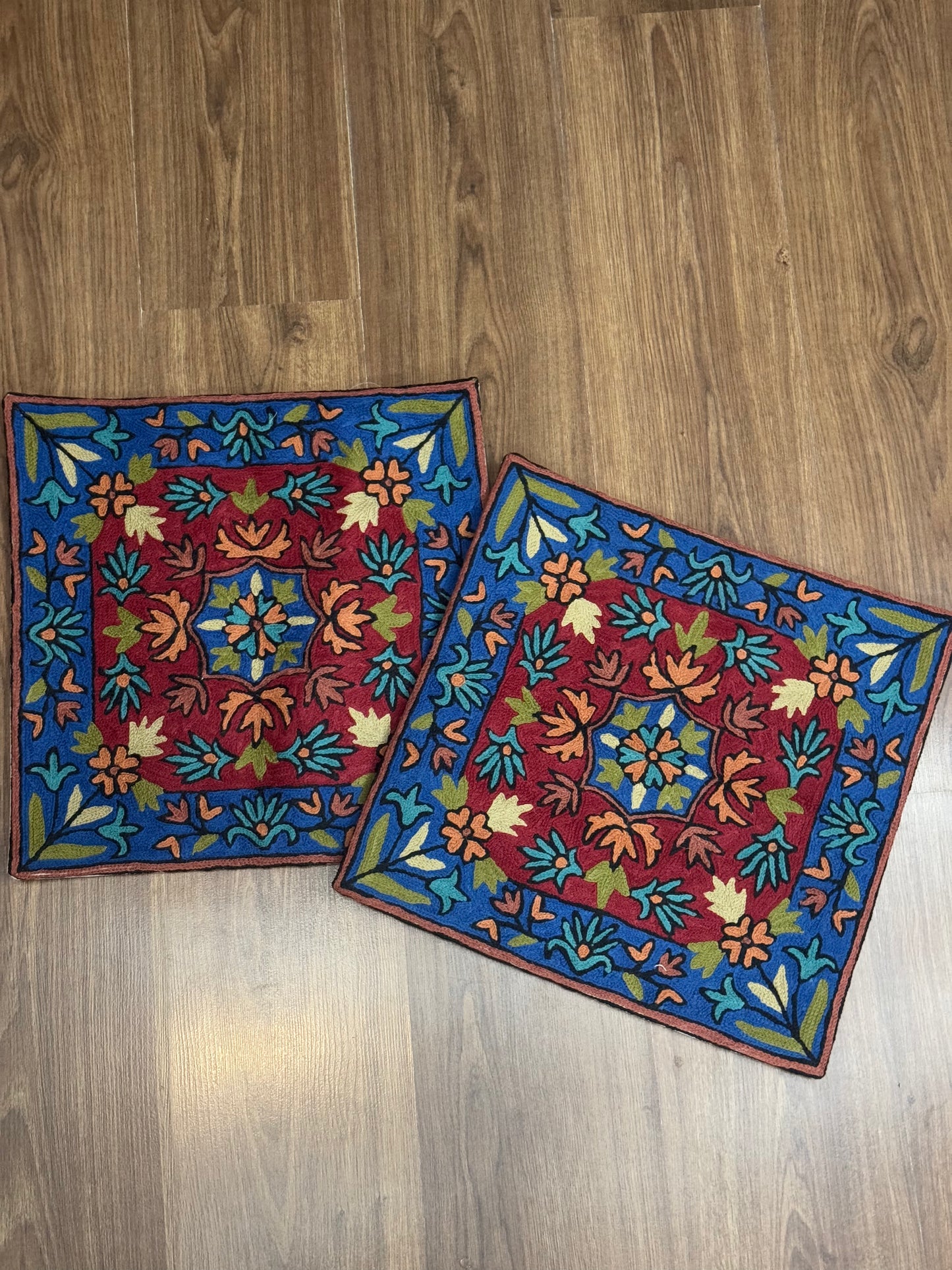 Blue And Red Handmade Chainstitch Cushion Cover (Set of Two) - Shopping in Kashmir
