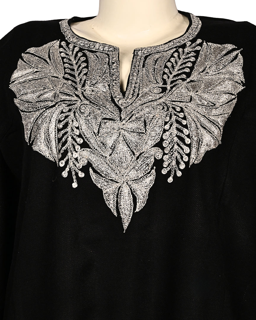 Classic Black Cashmilon Wool Zari Embroidered Kashmiri Pheran - Pehnava