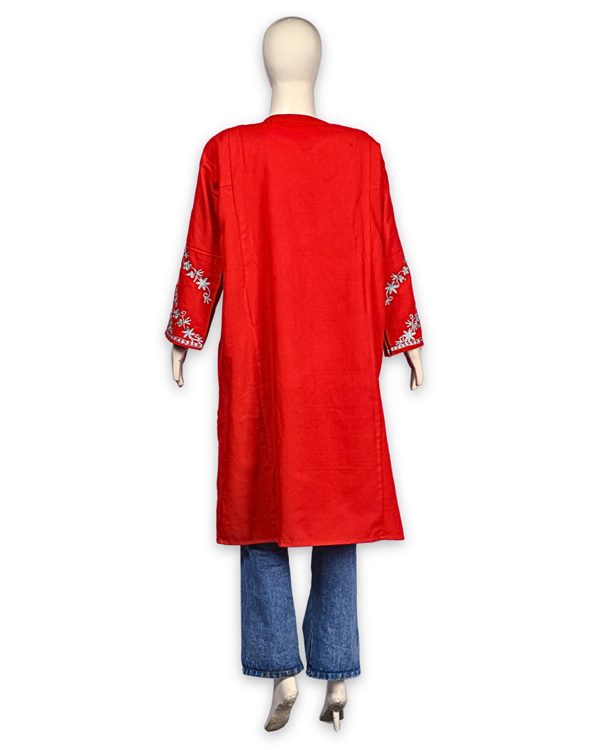 Scarlet Red Cashmilon Wool Zari Embroidered Kashmiri Pheran - Pehnava