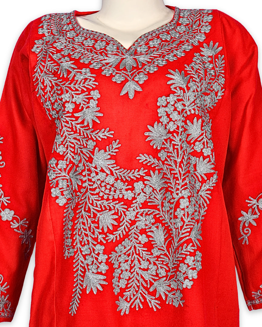 Scarlet Red Cashmilon Wool Zari Embroidered Kashmiri Pheran - Pehnava