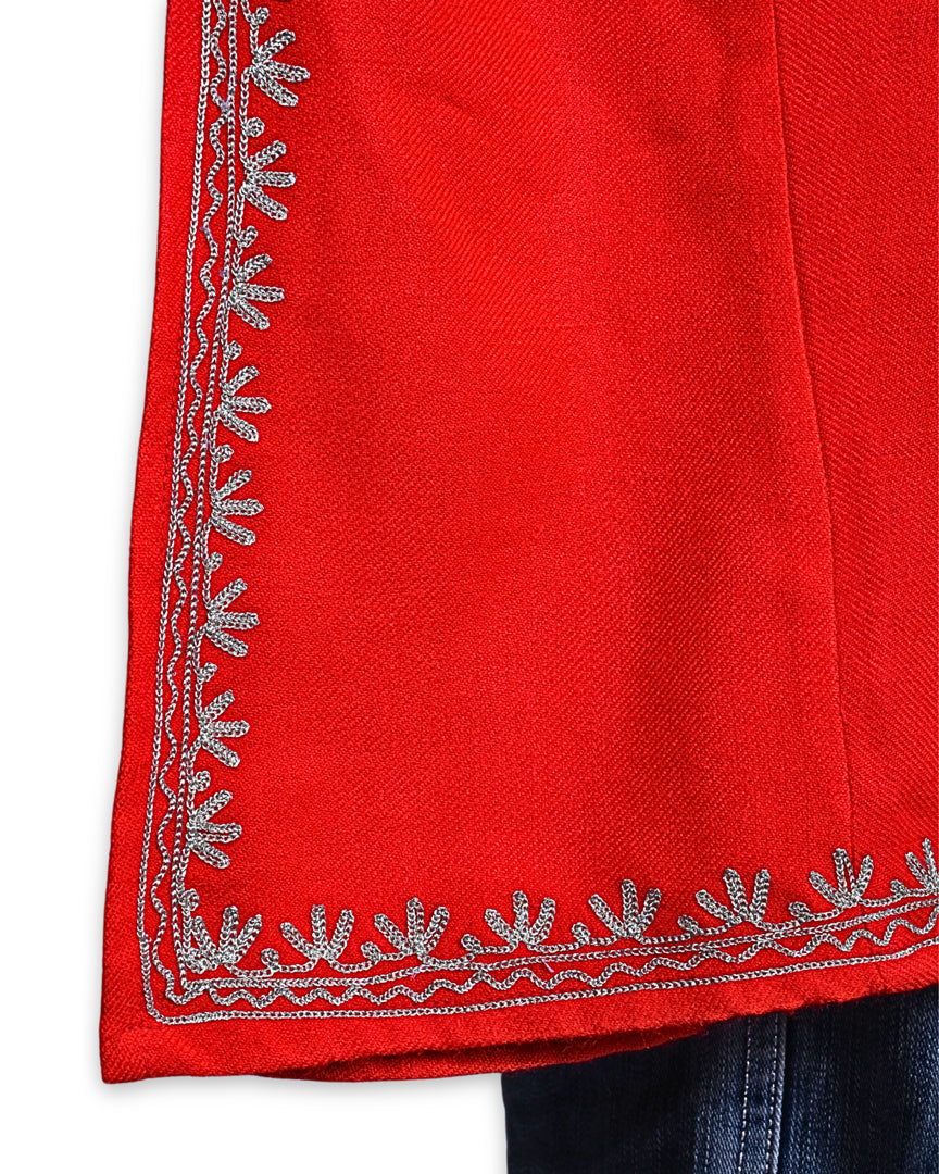 Scarlet Red Cashmilon Wool Zari Embroidered Kashmiri Pheran - Pehnava