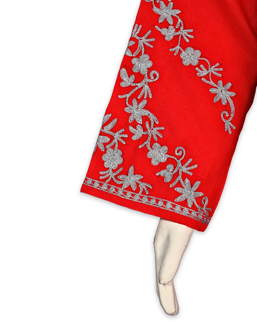 Scarlet Red Cashmilon Wool Zari Embroidered Kashmiri Pheran - Pehnava