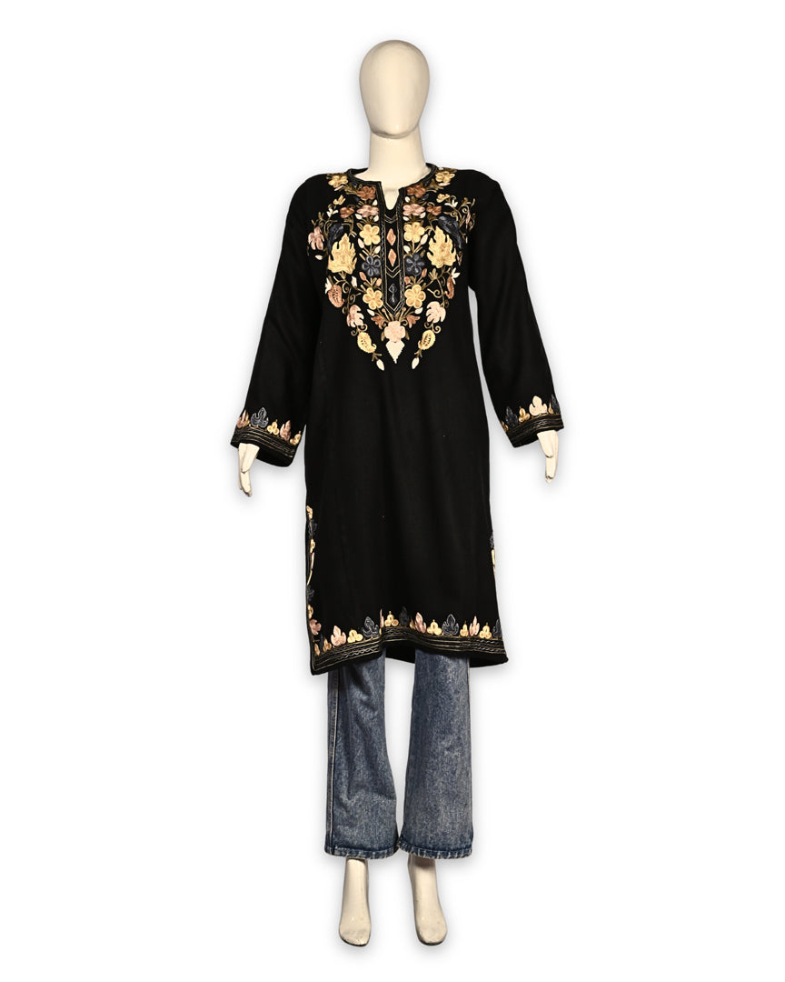 Deep Black Cashmilon Wool Aari Embroidered Kashmiri Pheran - Pehnava