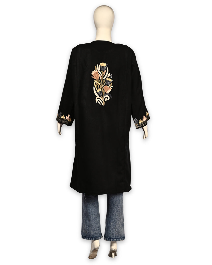Deep Black Cashmilon Wool Aari Embroidered Kashmiri Pheran - Pehnava
