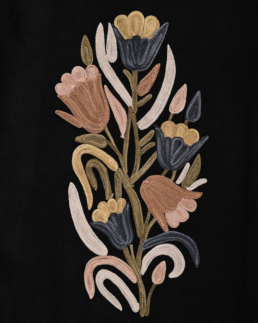 Deep Black Cashmilon Wool Aari Embroidered Kashmiri Pheran - Pehnava