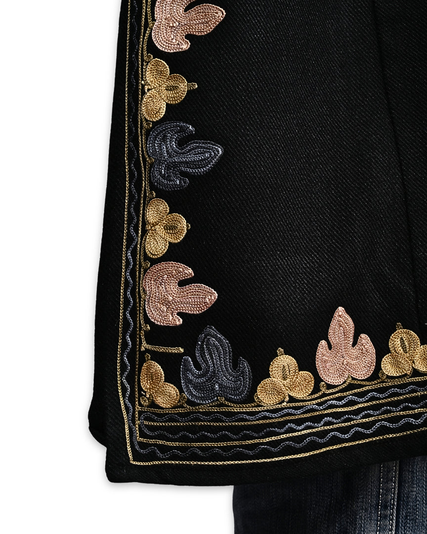 Deep Black Cashmilon Wool Aari Embroidered Kashmiri Pheran - Pehnava