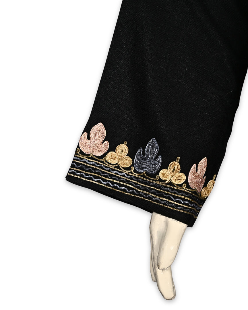 Deep Black Cashmilon Wool Aari Embroidered Kashmiri Pheran - Pehnava