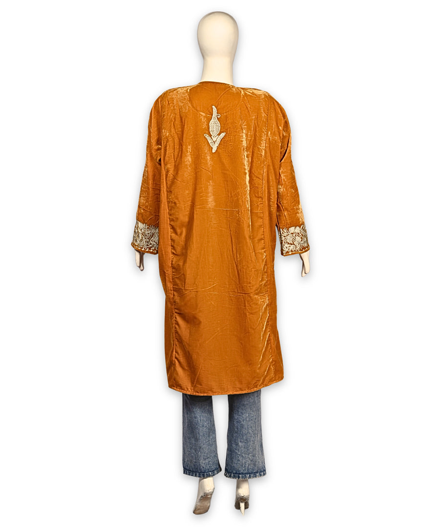 Mustard Yellow Makhmal Zari Embroidered Kashmiri Pheran - Pehnava