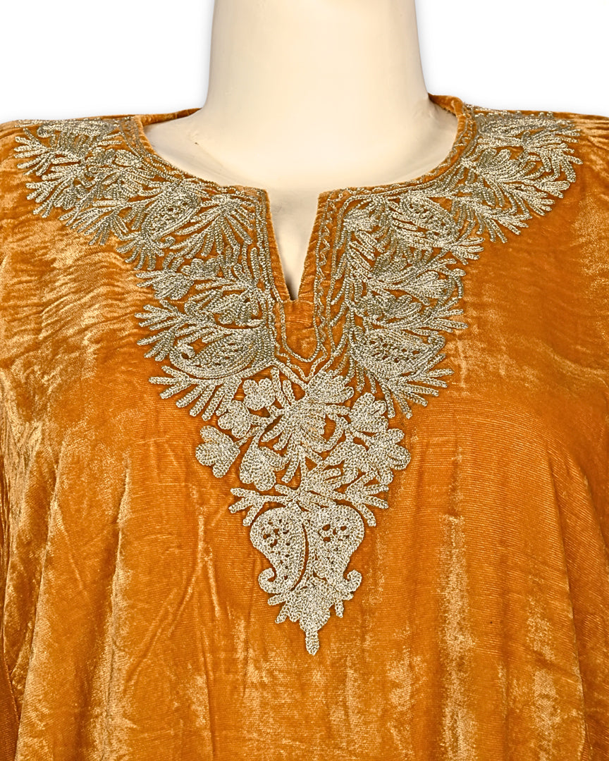 Mustard Yellow Makhmal Zari Embroidered Kashmiri Pheran - Pehnava