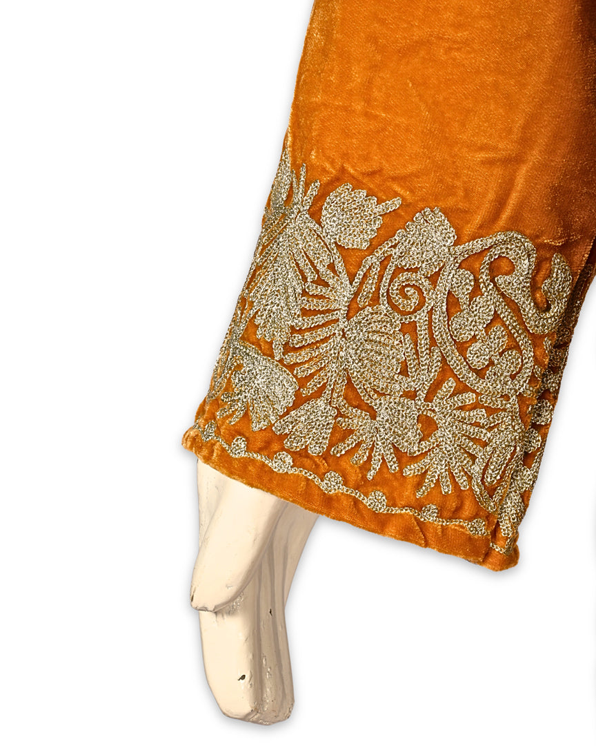 Mustard Yellow Makhmal Zari Embroidered Kashmiri Pheran - Pehnava