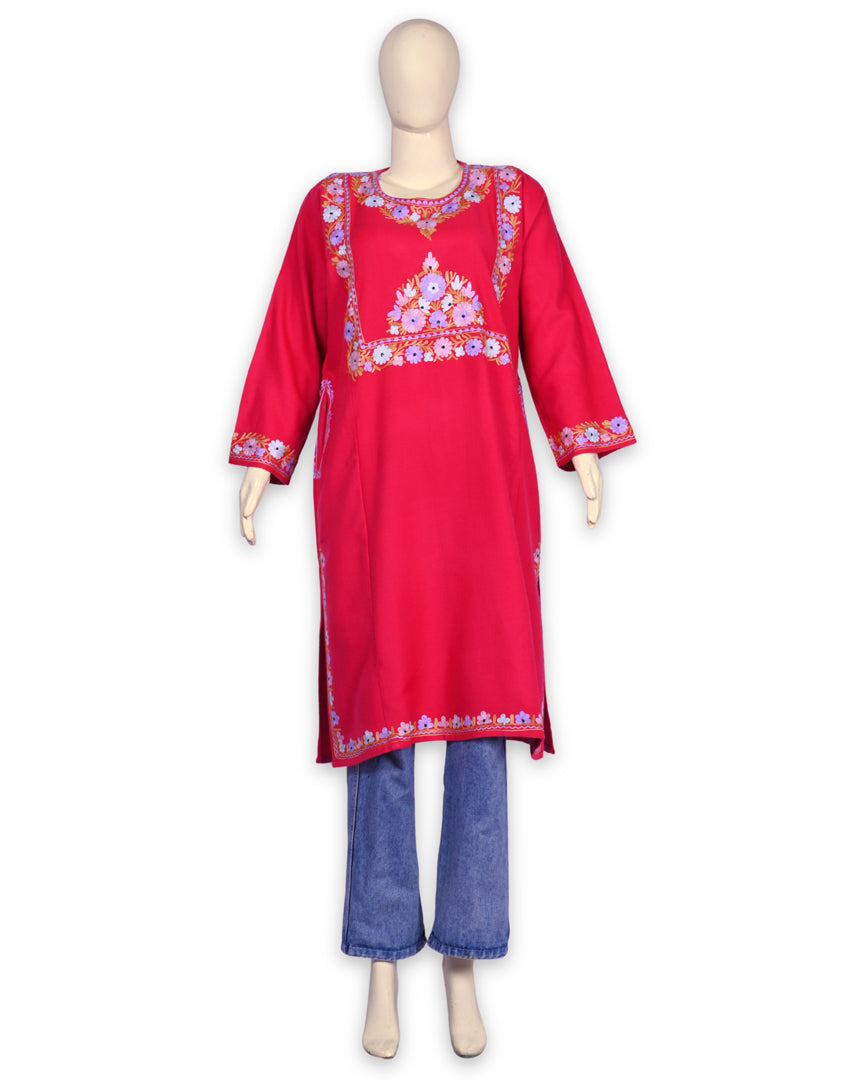 Amaranth Pink Cashmilon Wool Aari Embroidered Kashmiri Pheran - Pehnava