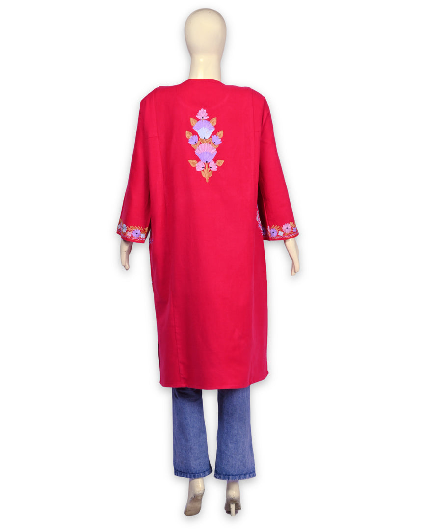 Amaranth Pink Cashmilon Wool Aari Embroidered Kashmiri Pheran - Pehnava
