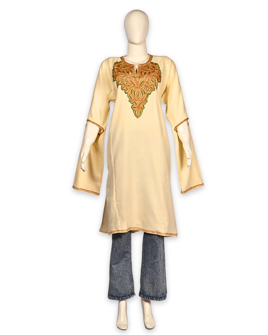 Creme Cashmilon Wool Zari Embroidered Kashmiri Quraab Pheran - Pehnava