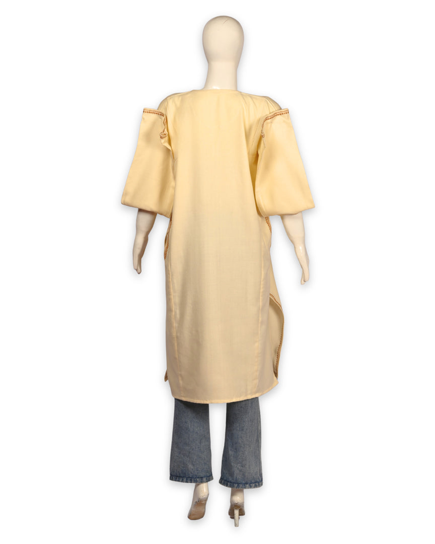 Creme Cashmilon Wool Zari Embroidered Kashmiri Quraab Pheran - Pehnava