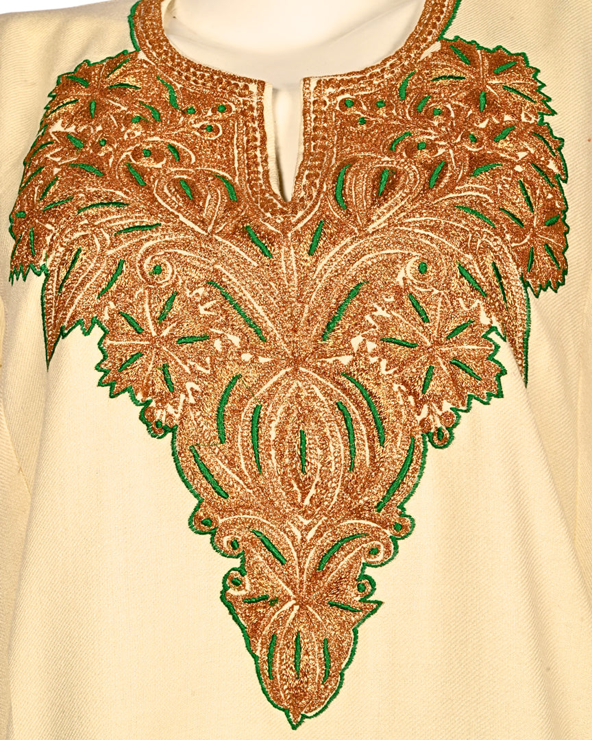 Creme Cashmilon Wool Zari Embroidered Kashmiri Quraab Pheran - Pehnava
